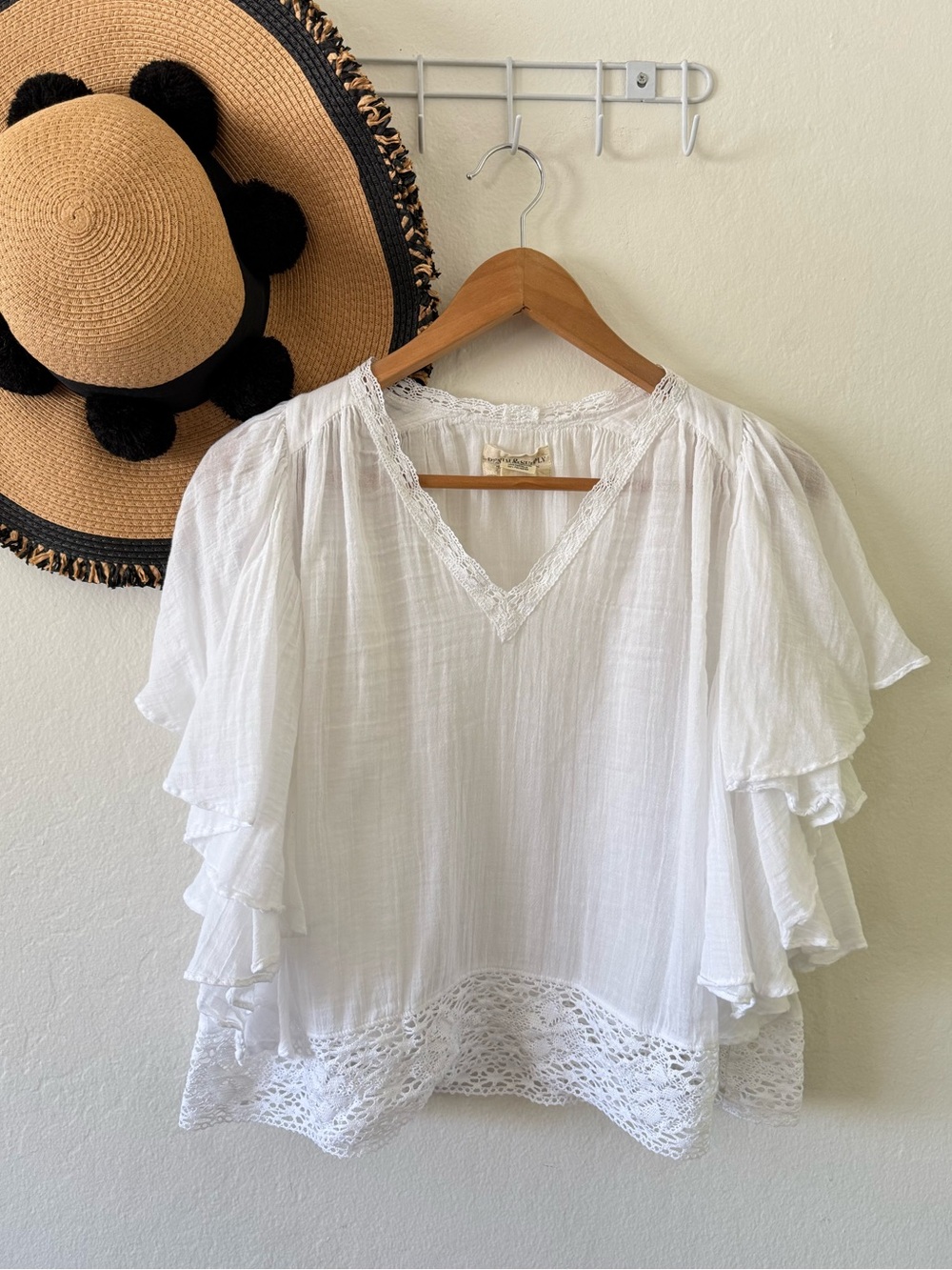Ralph Lauren Denim & Supply White Cotton Crochet Lace Flutter Sleeve Top Medium